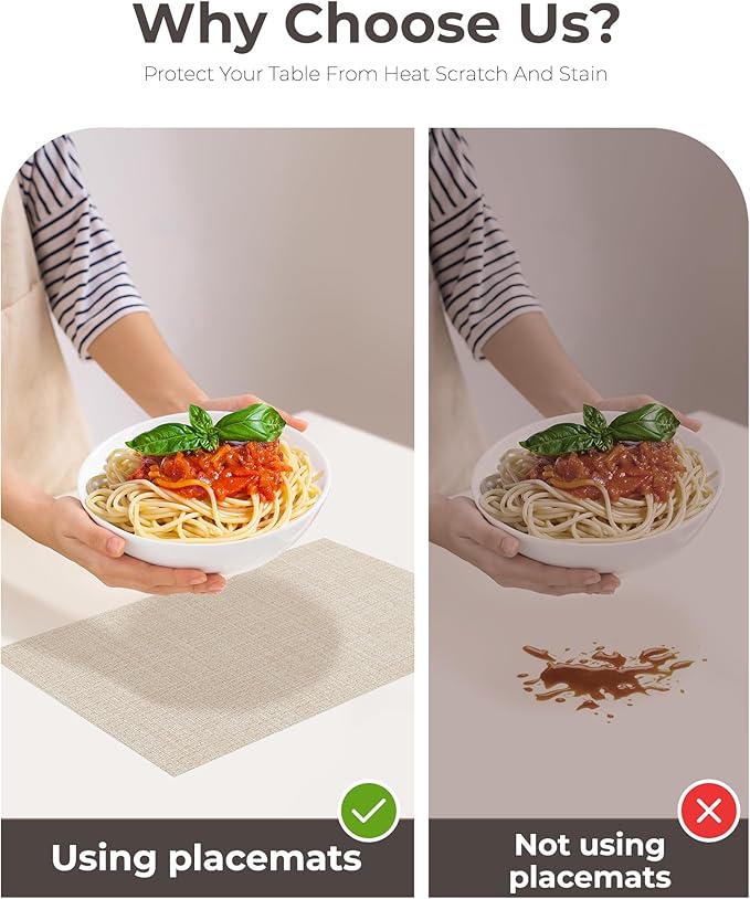 Leetaltree Beige Placemats Set of 8 - Heat Resistant Non-Slip Place mats for Dining Table, Washable Durable PVC Vinyl Woven Table Mats(Beige, 8)