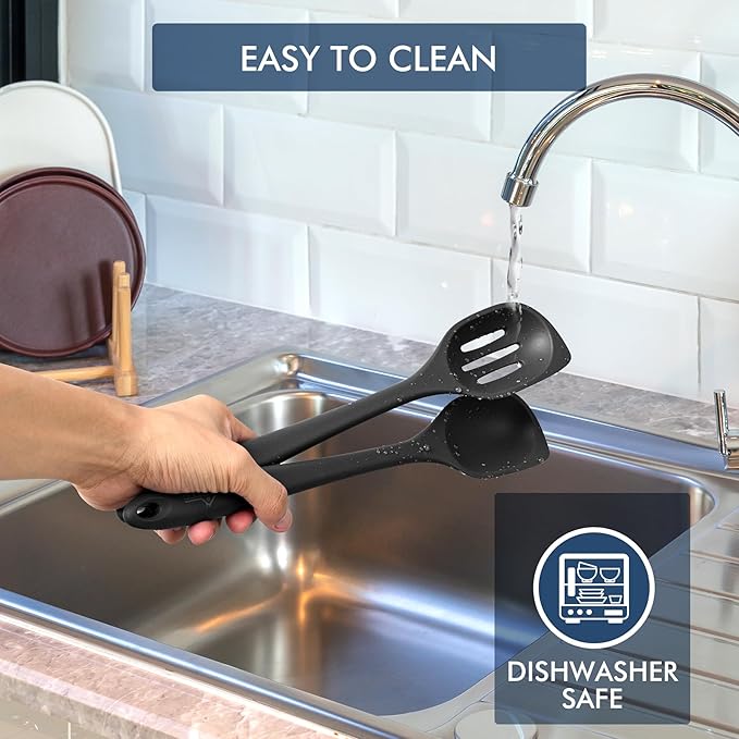 HOTEC Heat Resistant Silicone Cooking Spoon Spatula, Large Kitchen Solid and Slotted Spoons for Mixing, Serving, Scraping, Non-stick, Dishwasher Safe Black 12.5inch