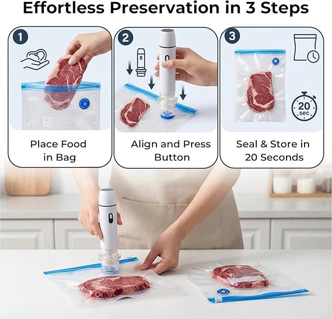 Vacuum Sealer + 15 Reusable Vacuum Bags Powerful Portable Vacuum Sealer for Food,White