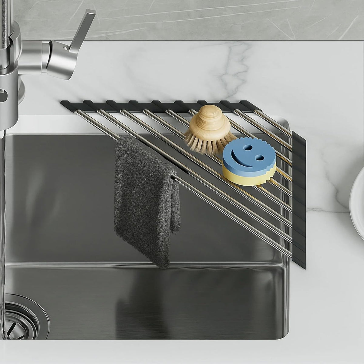 Dowell Over The Sink Roll-Up Dish Drying Rack, Foldable Tube Design, Space Saving Sink Organizer, Sturdy, Easy to Clean, Stylish Look - Triangle+Rectangular - Full Silicone