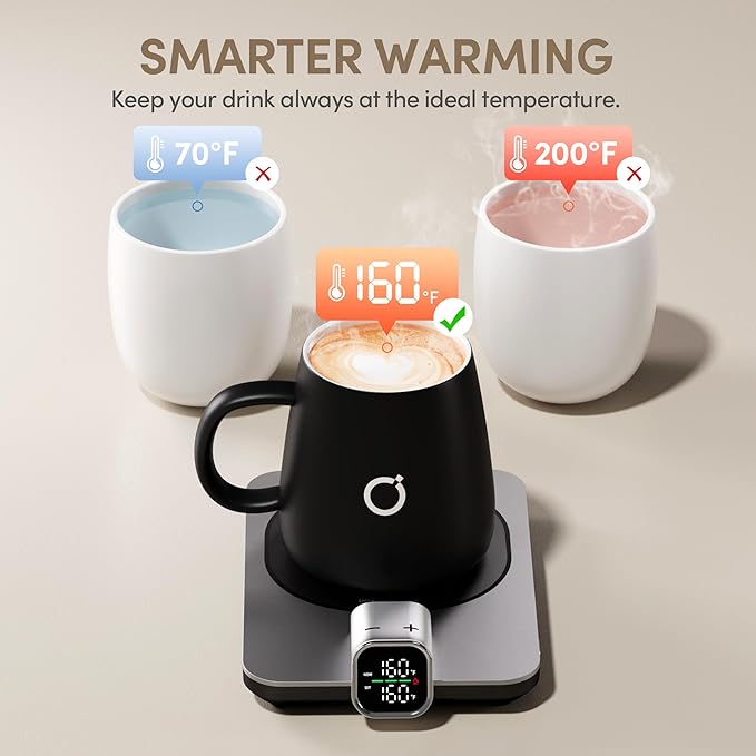 2Pcs Heated Coffee Mug Warmer & Mug Set - Heated Mug Warmer Plates with Auto Shut Off, 1°F Precise Electric Coffee Warmer Plates for Desk, Valentine's Day Gift for Couple, Dark Grey and Pink