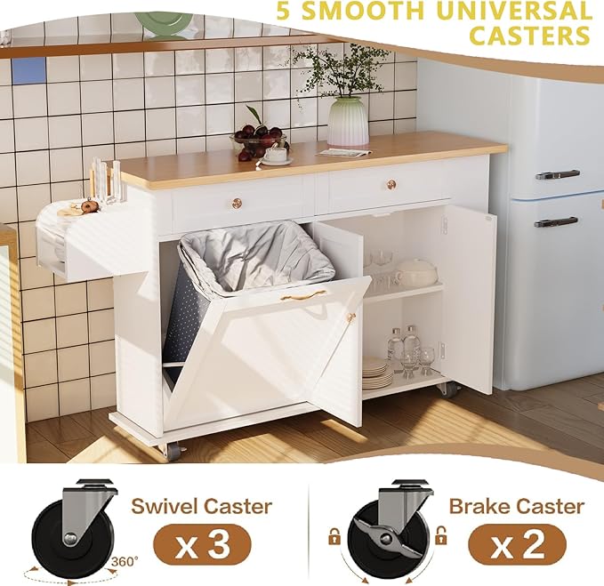 60'' Rolling Kitchen Island with Drop Leaf, Storage Islands Cart with Tilt Out Trash Can Cabinet, Rubber Wood Tabletop, Knife Holder, Wheels, White