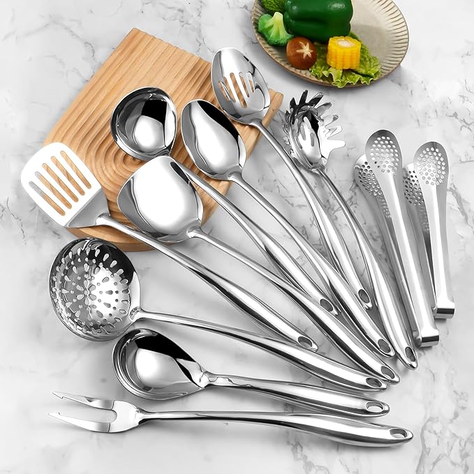 304 Stainlss Steel Kitchen Utensils Set, 11 Pcs Long Metal Cooking Utensil Gadgets Tools Set with Spatula, Spoon, Ladle, Skimmer, Turner, Pasta Server, Tongs(Mirror Polished, Dishwasher Safe)