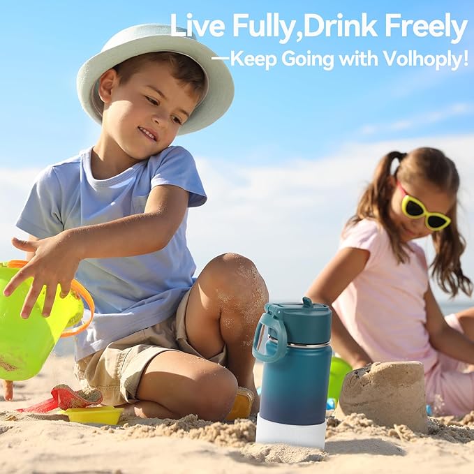 Volhoply 14oz KIds Water Bottle with Straw Lid and Silicone Boot Bulk 6 Pack,Stainless Steel Insulated Bottles for Boys & Girls Multipack,Double Wall Vacuum Leakproof Bottles(Dark Night,6)