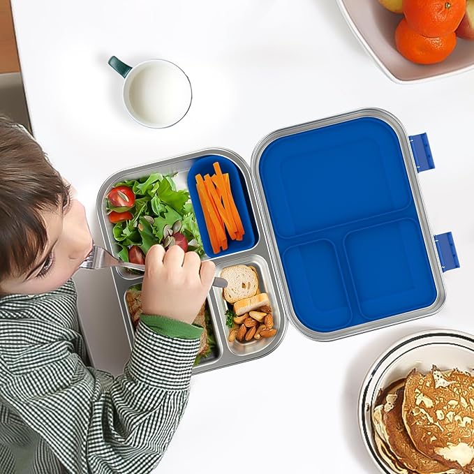 BOSEDSANG Stainless Steel Kids Leak-Resistant Bento Lunch Box, 3-Compartments with Silicone Container, Dishwasher-Safe, Child-Friendly Design for School, Picnics & Travel,BPA-Free (Blue)