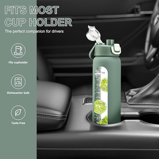 chunmo 24 oz Glass Water Bottle with 2 Lids-Handle Spout Lid & Straw Lid, Motivational Water Bottle with Time Marker and Silicone Sleeve,Leakproof-Olive-1 Pack