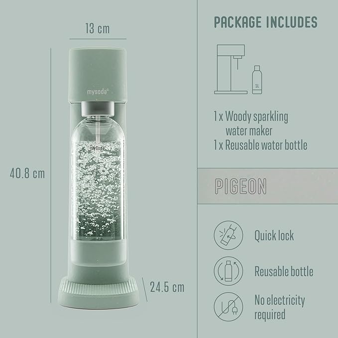 Mysoda Woody Soda Streaming Machine - Silent Carbonated Water Machine Robust Long-Lasting Aluminium Soda Maker - With 1L Water Bottle - Without CO2 Cylinder - Pigeon