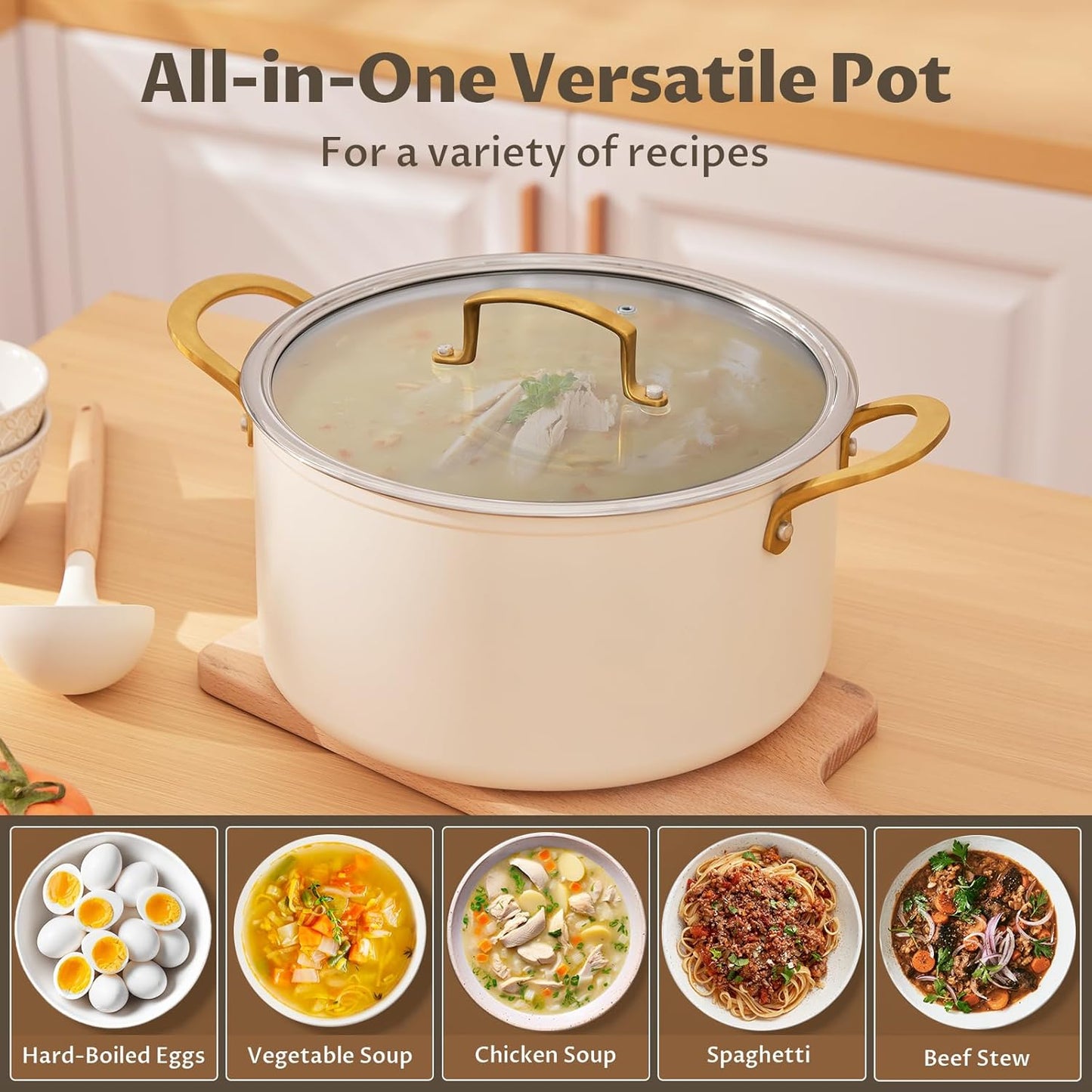 BEZIA 6 Quart Stock Pot with Lid,Ceramic Nonstick Cooking Pot,Soup Pot with Stainless Steel Handle, Tempered Glass Lid, Induction Compatible for Pasta, Soup, Spaghetti,Dishwasher Safe, Cream
