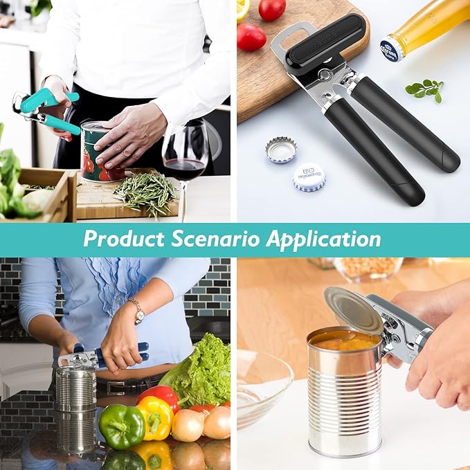 10 Colors Can Opener Manual Handheld Heavy Duty Hand Can Opener Smooth Edge Stainless Steel Can Openers Top Lid Kitchen Gadgets, Best Large Rated Easy Turn Knob, with Bottle Opener, Aqua Sky