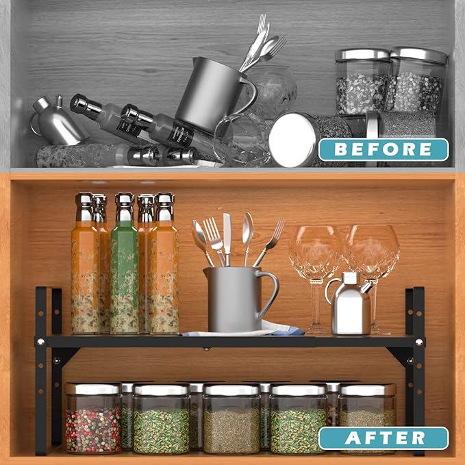 Expandable Counter Shelf, Adjustable Height Spice Rack Metal Mesh Board Shelf Organization for Kitchen Pantry Bathroom Office -Black