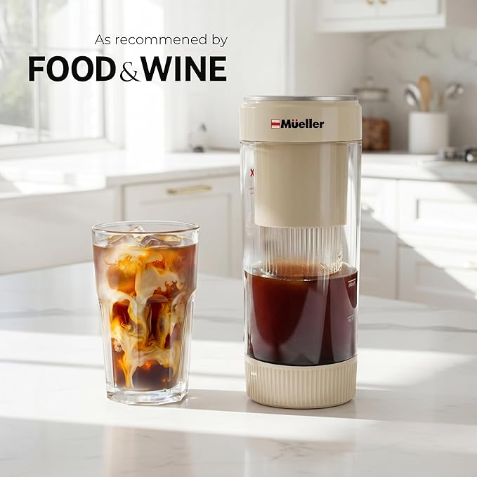 Mueller RapidBrew Cold Brew Coffee Maker β 10 Min Fast Brew Portable Rechargeable Cold Brew Pitcher Machine for Coffee & Tea β Adjustable Strength 10-99 Min β 20 Servings Per Charge, Cappuccino Beige