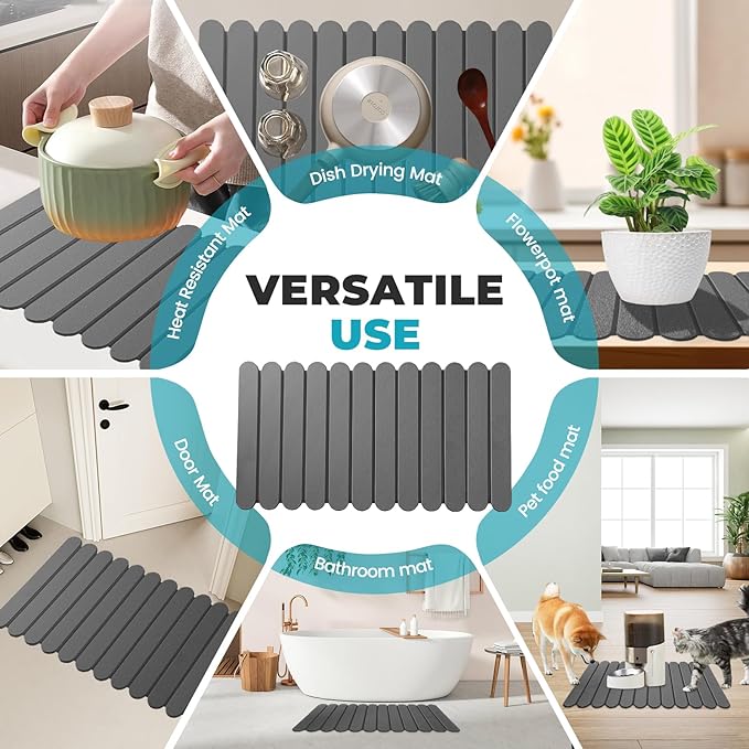 Extral Large Quick Dry Stone Drying Mat for Kitchen Counter,28"(L)x16"(W) Collapsible Eco-Friendly Absorbent Diatomaceous Earth Mat for Dishes Cups,Dish Drying Mats (Deep gray-Ellipse, 28x16 inch)