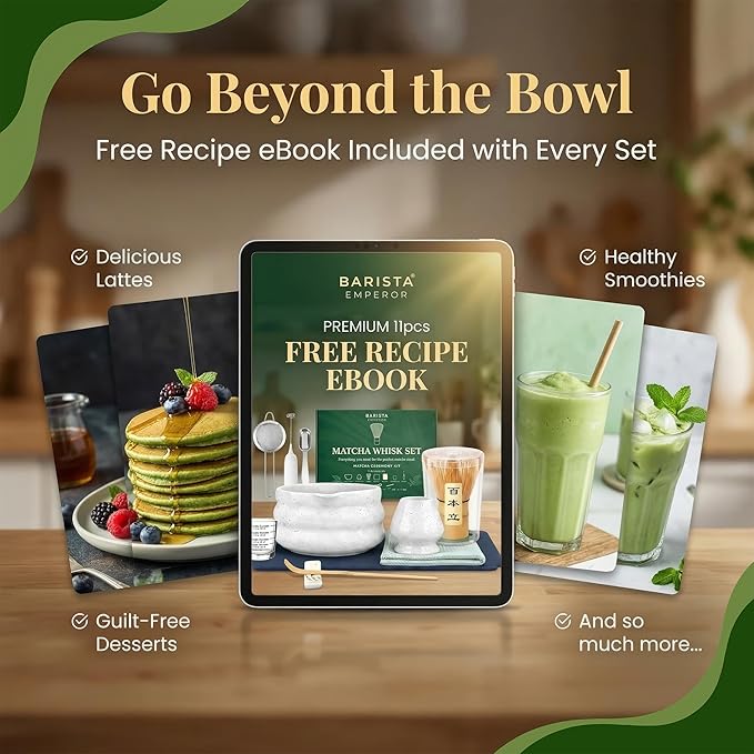 BARISTA EMPERORĀ® MATCHA WHISK SET PREMIUM 11pcs - Professional Matcha Kit Set with Matcha Bowl, Matcha Whisk, Milk Frother, Spoon, Sifter, Scoop, Stand, Cup, Tea Mat, Cloth - Matcha Bowl Set