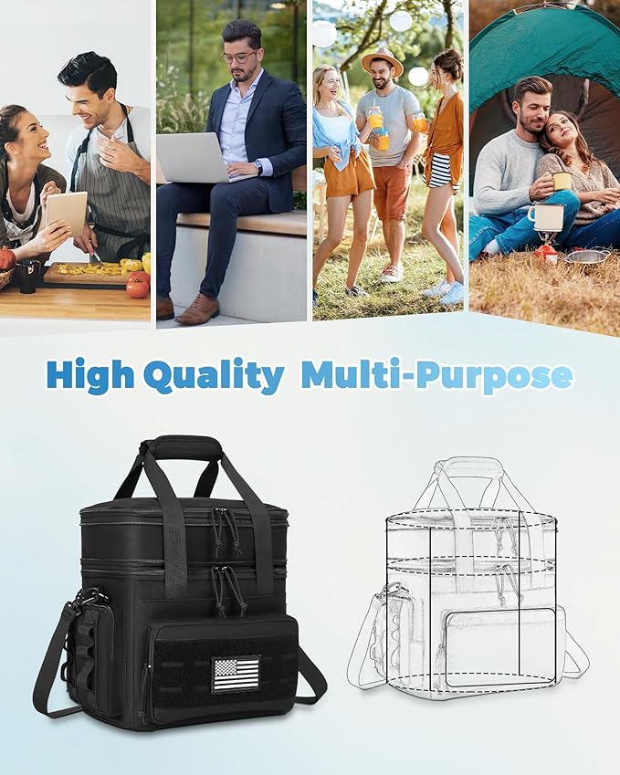 holuxer Tactical Lunch Bag & Lunch Box for Men - Large Double Deck Expandable Insulated Soft Adult Lunchbox for Work - Cooler Bag for Beach, Picnic, Camping,Outdoor,Travel (Black,23L)