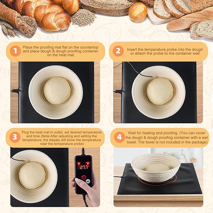 Bread Proofing Mat, Sourdough Hearting Mat, Sourdough Warming Mats with Thermostat Temperature Control, 13.9" x 13.9" Bread Proofer Dough Warmer for Home Kitchen Baking