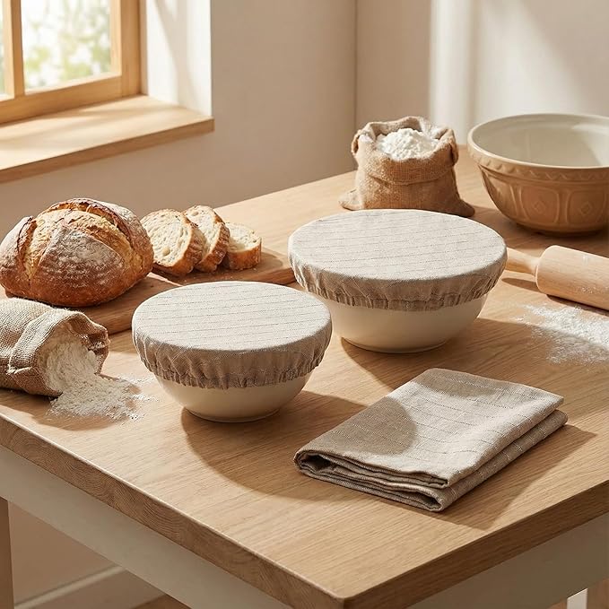 100% Pure Linen Bowl Covers For Bread Proofing, 2 Pcs 10 Inches Elastic Reusable Bowl Covers Large Ticking Striped Cloth Fabric Stretch Sourdough Lids