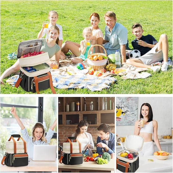 holuxer Insulated Lunch Bag & Lunch Box for Women - Double Deck Reusable Lunch Bag for men Tote Cooler Bag Leakproof Soft Expandable - Large Lunchbox for Work/Adult/Picnic/Outdoor (Coffee Black,15L)