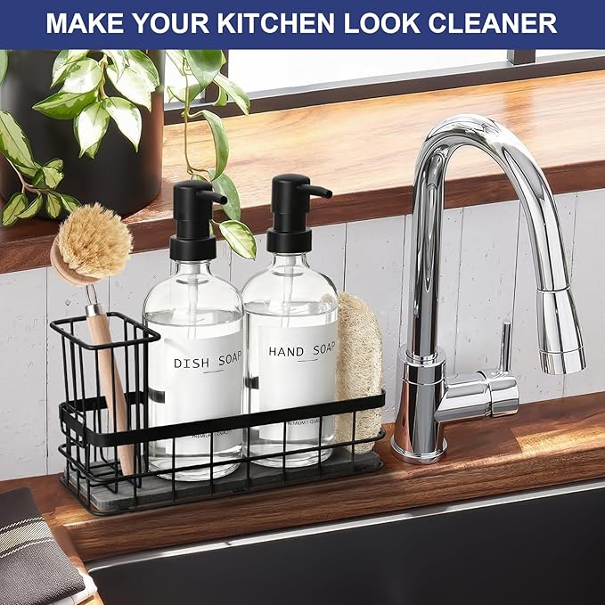 Dish Soap Dispenser for Kitchen, 16.9 fl oz Clear Hand and Dish Soap Dispensers, Kitchen Soap Dispenser Set with Sponge Holder, Brush Holder and Loofah Sponge, Countertop Sink Organizer Accessories