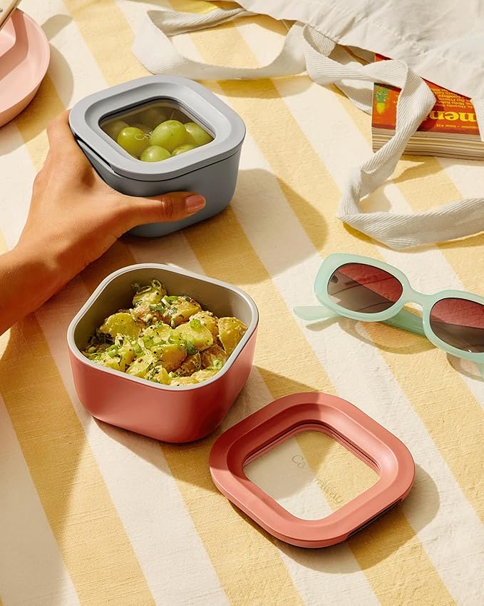 Caraway 6pc Food Storage Container Set - 1.75 Cup Glass Storage Container for Food (6) - Non-Toxic Ceramic-Coated Glass - Air Release Technology - Compact & Stackable Design - Navy
