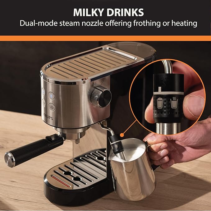 KRUPS Stainless Steel Espresso Machine: 15-Bar Pump Pressure, Milk Frother for Cappuccino and Latte, Fast Pre-Heat, 2-Cup Capacity, Cup Warmer, Easy Cleaning, 1350W, Silver