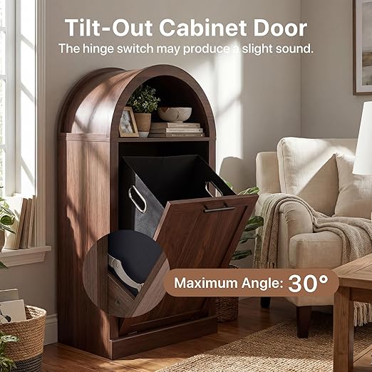 Arched Tilt-Out Trash Can Cabinet Set of 2,Laundry Hamper Cabinet with Foldable Laundry Basket,Wooden Hidden Garbage Can Cabinets with Metal Handle & Hooks,Walnut