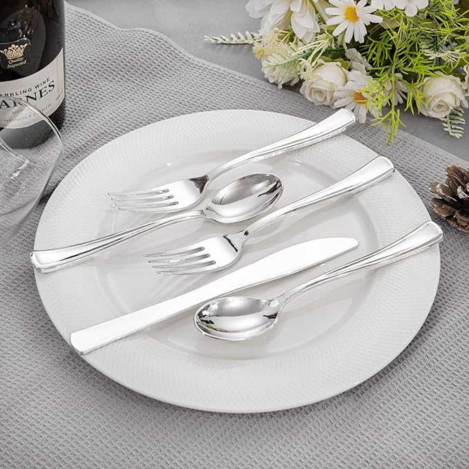Liacere 100 Pack Silver Plastic Silverware-Pre Wrapped cutlery and Napkin-Pre Rolled Silverware Disposable 100 Forks, 100 Knives 100 Spoons, 100 Napkins Plastic Utensils&Father's Day&Independence Day