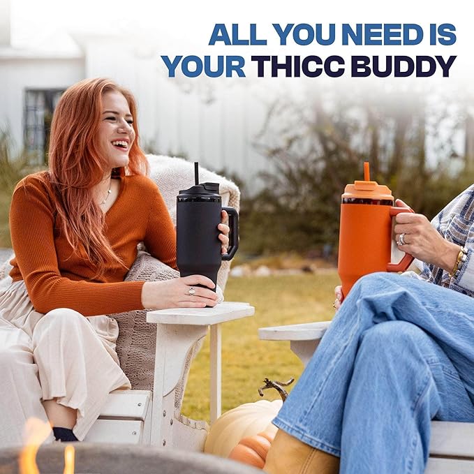 Frost Buddy 40 oz Thicc Buddy Tumbler with Silicone Sleeve – Customizable with Budz Charms, Insulated Stainless Steel Cup with Handle & Straw, Leak-Proof, Cup Holder Friendly, Gift for Men & Women