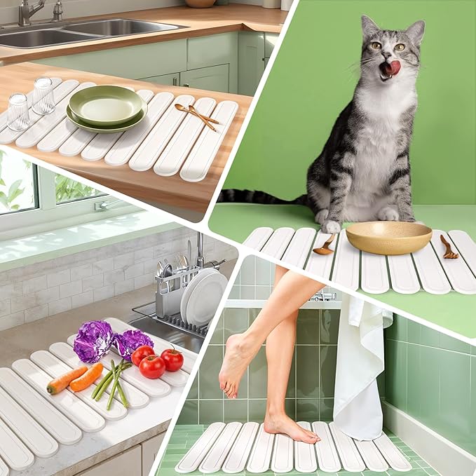 Collapsible Stone Dish Drying Mat for Kitchen Counter, 24"×16" Large White Dish Drying Pad, Eco-Friendly Diatomaceous Earth Mat, Quick Dry, No Odor