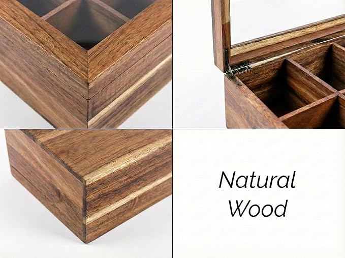 Acacia Wood and Bamboo Tea Bag Organizer - 4 & 8 Compartment Tea Box for Countertop - Tea Station & Coffee Bar Accessories - Fits Large & Craft Tea Bags (Wood, 4 Compartment)
