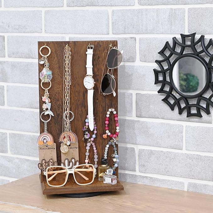 Ikee Design 2 Pcs Wooden Rotating Two-Sided Jewelry Display Stand, Rotating Organizer with 32 Hooks for Store, Keychain Earring Display with Hooks, Brown color, 9 W x 7.5 D x 16.5 H in
