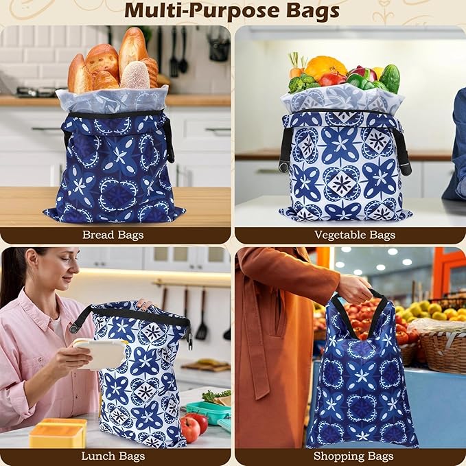 2 Pack Reusable Bread Bags for Homemade Bread, 17"×13" Sourdough Bread Storage Bags with Bowl Cover - Keep Loaf Fresh and Easy to Wash(Blue Gemstone Floral)