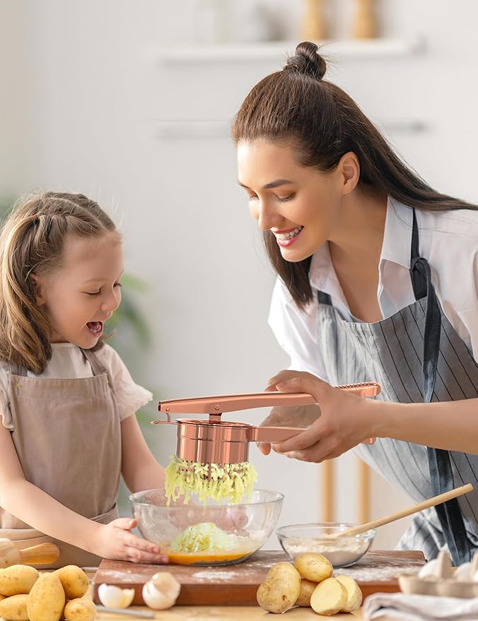 Livilord Large 15oz Potato Ricer, Heavy Duty Stainless Steel Ricer for Mashed Potatoes, Sweet Potato Masher Kitchen Tool with Ergonomic Handle, Press and Mash Kitchen Gadget, Rose Gold