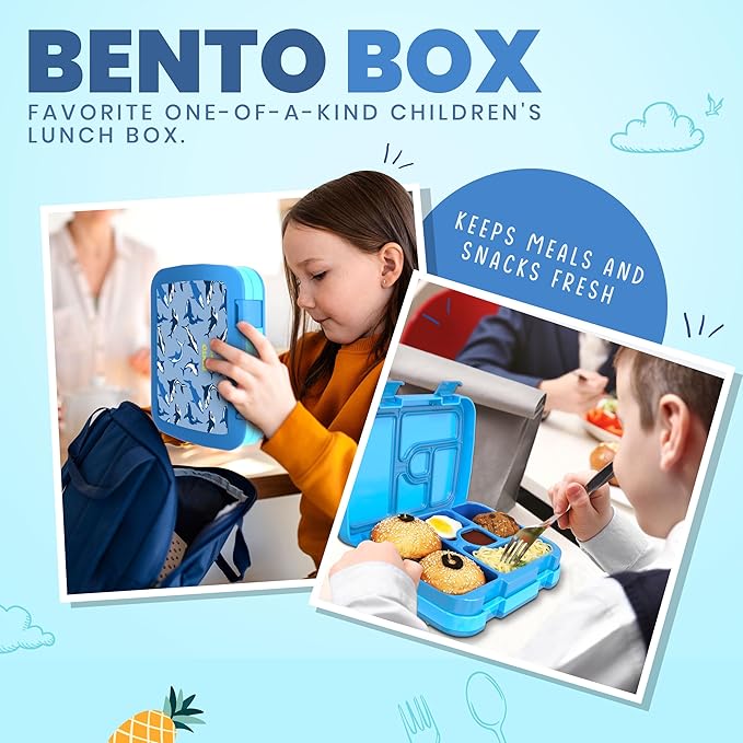 YOLAY Bento Box for Kids Lunch Box Leak-Proof, 5-Compartment Lunch Box Kids for Ages 3-10, Durable with Anti-Slip Base, Suitable for Schools, Outdoor and Travel (Sharks)