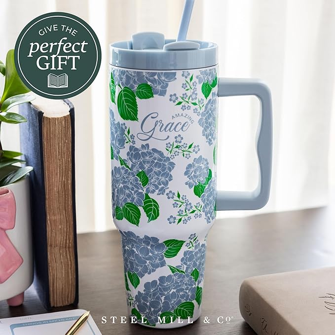 Steel Mill & Co 40 oz Stainless Steel Tumbler with Lid and Handle, Insulated/Thermal Travel Water Bottle with Amazing Grace Quote, Large Tumbler (Hydrangea)