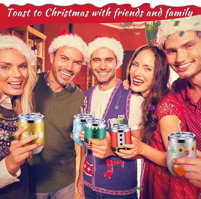 Sliner 6 Pack Pack Christmas Glitter Tumbler Bulk, 12 oz Holiday Wine Tumbler Set Stainless Steel Insulated Sparkling Glitter Cup with Lids Straws and Brushes Travel Mug Xmas Gift (Santa Belt Style)