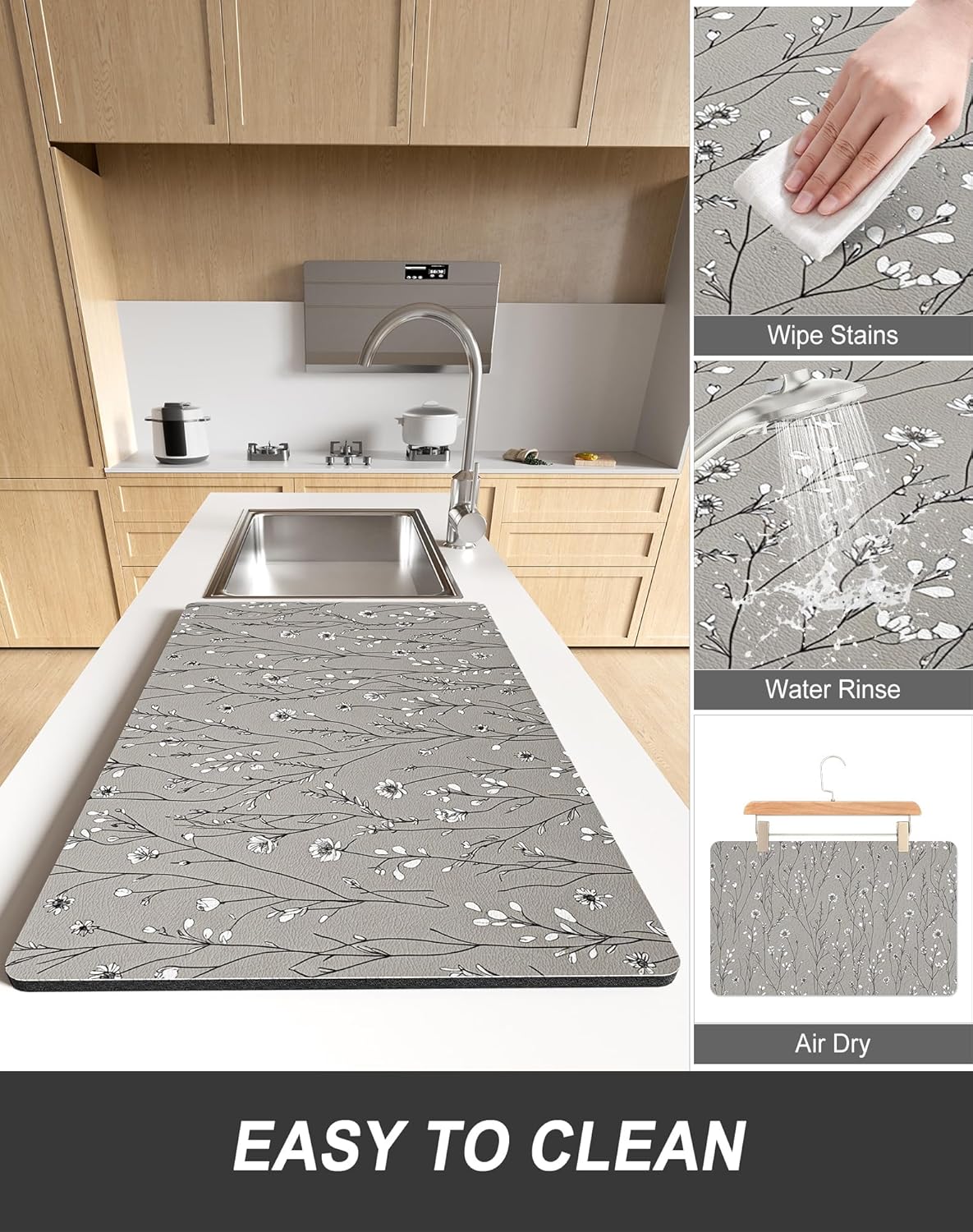Rnivvi Dish Drying Mat for Kitchen Counter, 12 x 19" Cute Flower Theme Super Absorbent Draining Pad, Non-Slip Heat Resistant Coffee Bar Mats for Coffee Machine Station Accessories, Grey Dish Rack Pad