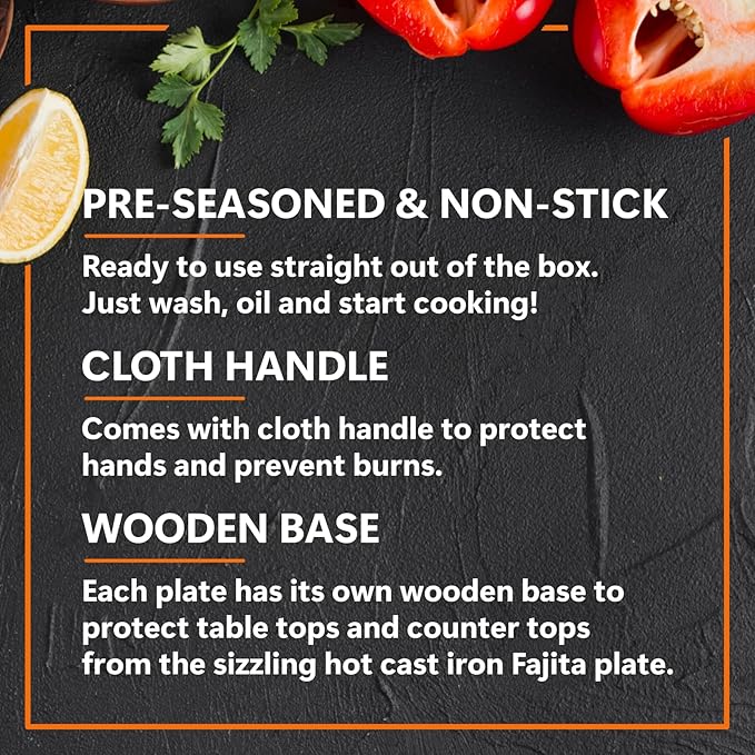 Mr. Bar-B-Q Cast Iron Fajita Skillets Set, Pre-Seasoned Non-Stick Sizzling Plate, Wooden Base w/Cloth Handle, Sizzler Steak Plate, Cast Iron Skillets for Diners, Bar, Restaurants, Caterings & Parties