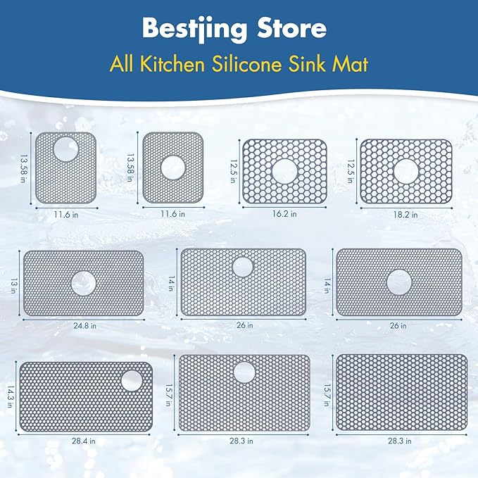 Bestjing Silicone Sink Protectors for Kitchen Sink with Center Drain -18.2"x12.5" Kitchen Accessory, Non-Slip Heat Resistant Mat for Bottom of Farmhouse Porcelain Stainless Steel, Dishwasher Safe