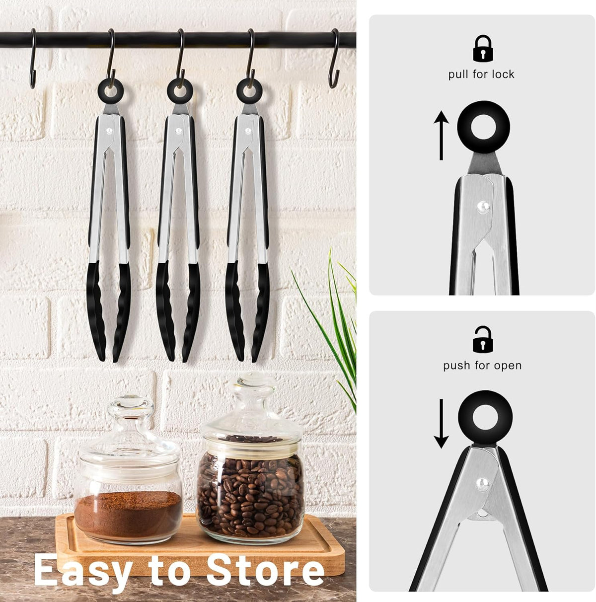 Hotec Mini Silicone Kitchen Tongs for Cooking - 7-Inch Small Serving Tongs with Silicone Tips, Set of 3 (Black)