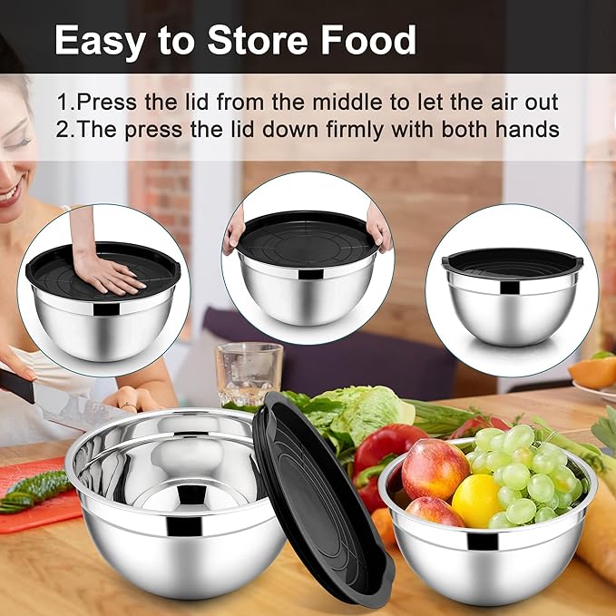 E-far Mixing Bowls with Lids, 6-Piece Stainless Steel Salad Bowls Metal Nesting Bowls for Baking Cooking and Prepping, Airtight Lids & Stackable Design, Size 4.5, 3, 1.5 QT (Black)