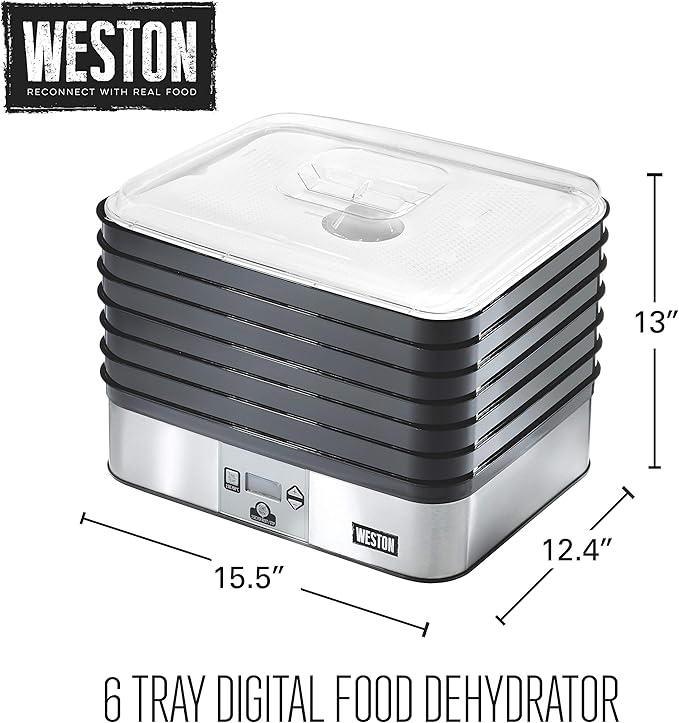 Weston Food Dehydrator Machine for Jerky, Fruit, Meat, Herbs, Vegetables, with Digital Temperature Control (100-160F), 6 Stackable Trays (7.4 sq. ft.), White (75-0450-W)