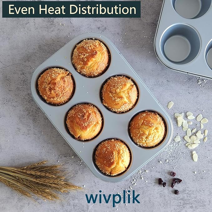 Nonstick jumbo Muffin Pans 6 Cups,2 Pack Extra Large Cupcake Tins for Baking,Premmium Non-stick Coating for Non-Toxic,Heavy Duty Carbon Steel, 3.5 dia,Deep Muffin Tray