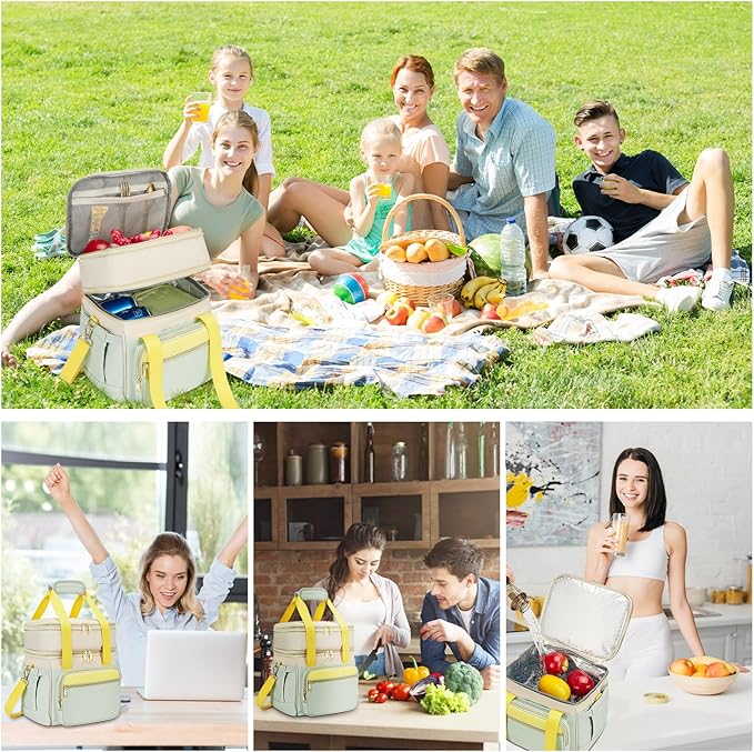 holuxer Insulated Lunch Bag & Lunch Box for Women - Double Deck Reusable Lunch Bag for men Tote Cooler Bag Leakproof Soft Expandable - Large Lunchbox for Work/Adult/Picnic/Outdoor (Green,15L)