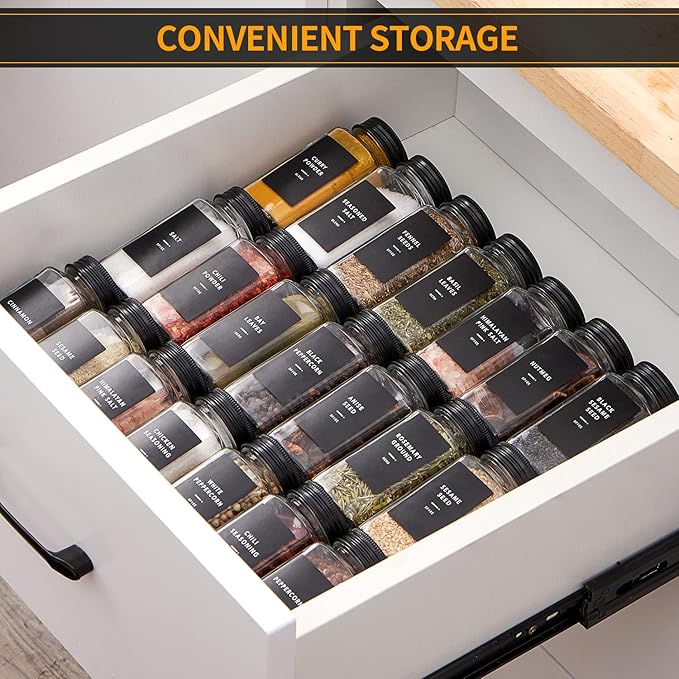 Skiileor 25 Pcs Spice Jars with Label- Glass Spice Jars with Black Metal Caps,Shaker Lids, Funnel, Chalk Pen, 4oz Seasoning Containers Bottles for Spice Rack, Cabinet, Drawer