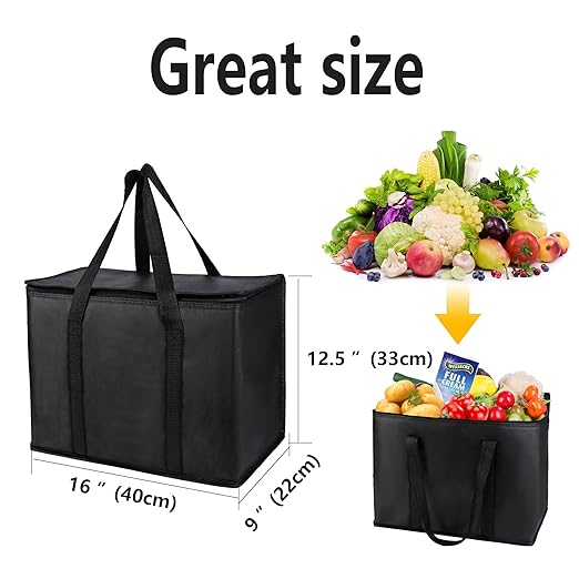 2 pack Additional Bottom Plate Black Insulated Grocery shopping bag , Delivery,pizza,reusable bags, Sturdy zipper,Collapsible,tote,cooler,thermal,Beach,waterproof heavy duty