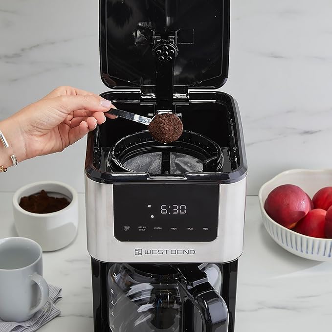 West Bend Drip Coffee Maker Brews Hot or Iced, Programmable with Brew Strength Selector Auto Shut-Off and 6 Functions Permanent Mesh Filter and Glass Carafe, 12-Cup, Metallic