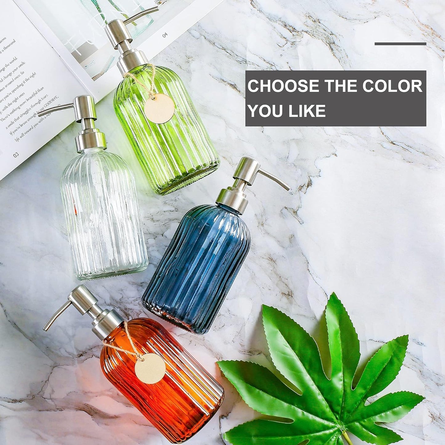 16 OZ Soap Dispenser,Tempered Glass Clear Vertical Stripe with 304 Rust Proof Stainless Steel Pump Refillable Liquid Hand Soap Dispenser,for Bathroom, Kitchen, Dish Soap,Lotion (Clear)
