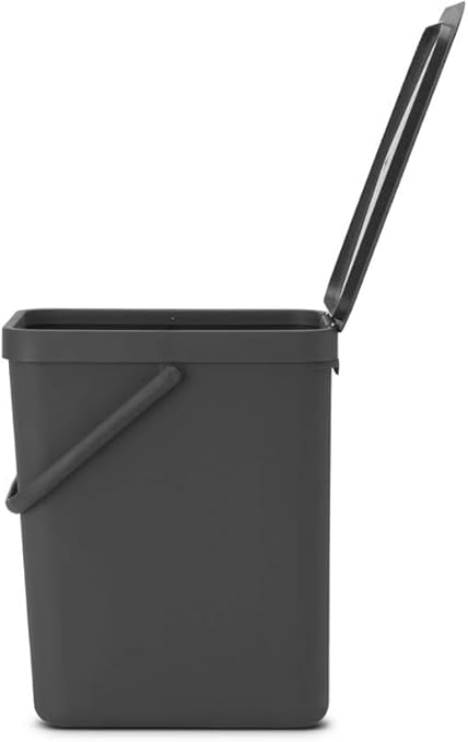 Brabantia Sort & Go Kitchen Recycling Bin | M / 6.6 Gal / 25L | Dark Gray | Removable Stay-Open Lid, Carry Handle | Trash Can for Bottles, Cans, Paper, Glass | Wall-Mounting Bracket Sold Separately