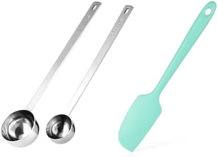 Doosu 18/8 Stainless Steel Food-Grade Measuring Coffee Scoop with 6.9in Long Handle (1 & 2 Tbsp) and 600°F Heat Resistant Mini Food-Grade Silicone Bowl Scraper (Aqua Sky)