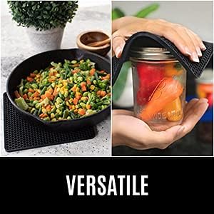 BPA-Free Soft Silicone 4 Piece Oven Mitts & Trivets Set - Ultra Heat Resistant Oven Mitts with Thick Cotton Liner - Long Slip Resistant Pot Holders, Flexible Oven Gloves - Gray